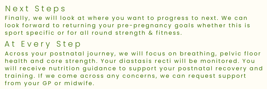 Text discussing next steps in postpartum and pre-pregnancy health, focusing on breathing, pelvic floor health, core strength, and support from healthcare providers.
