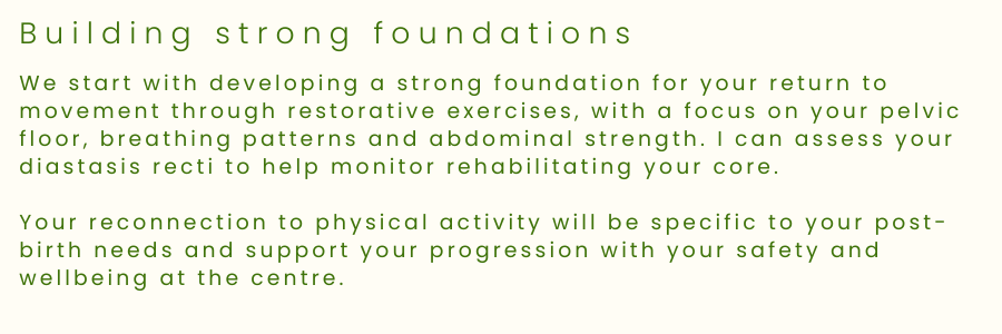 Text on a light green background discussing developing a strong foundation through restorative exercises and physical activity