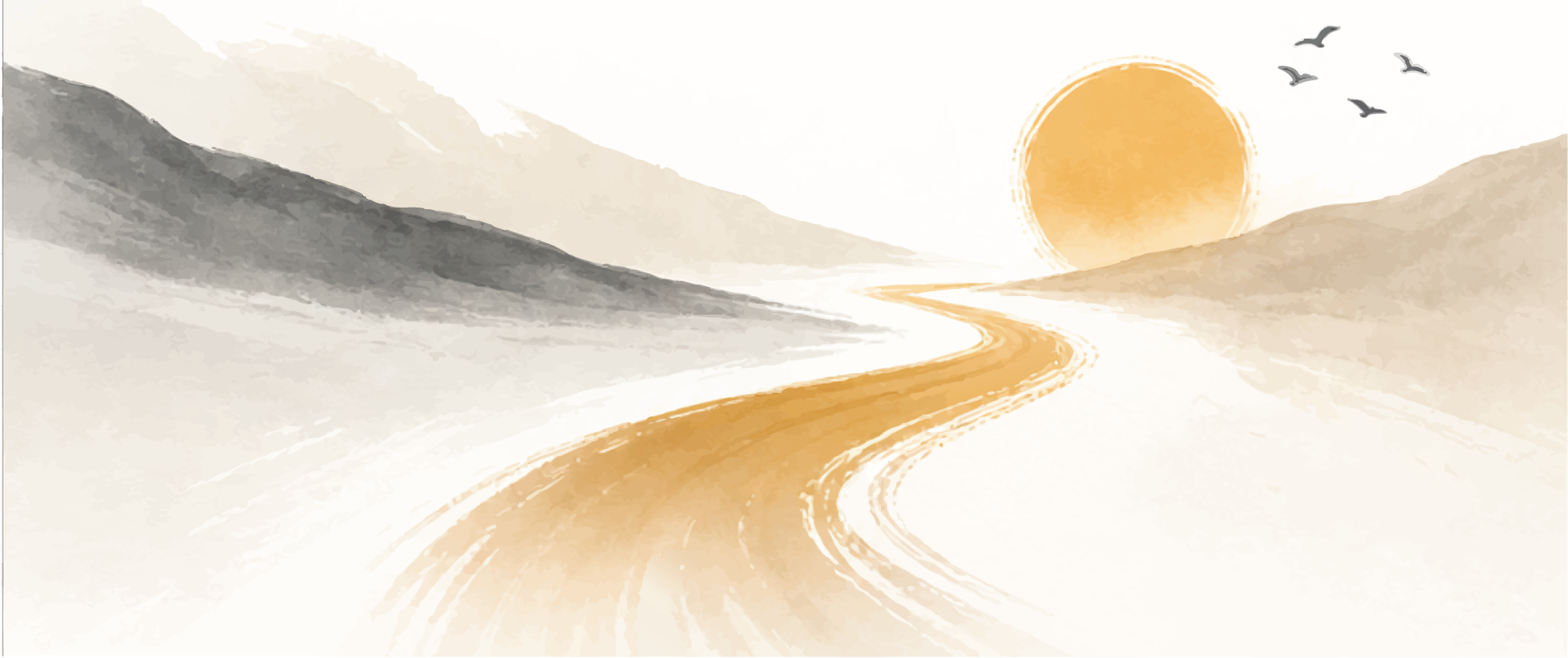 Digital watercolor painting of a sunset over mountains with a winding river and birds flying in the sky.