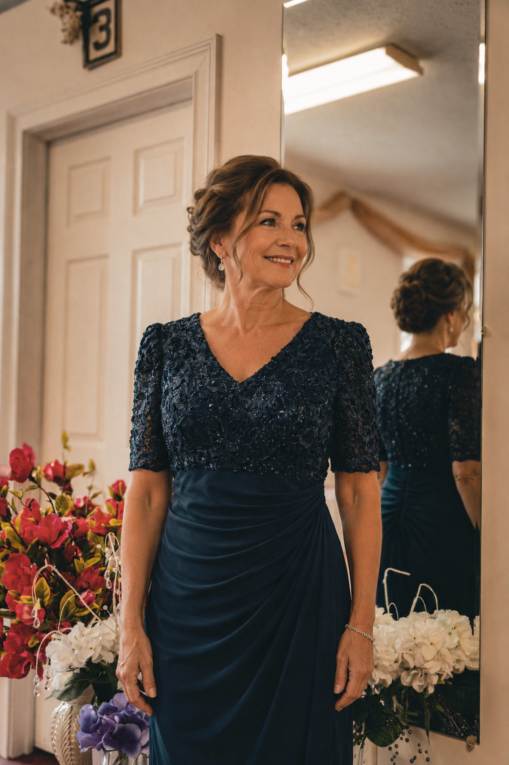 An older woman in a navy blue dress with lace top and beaded earrings stands in front of a mirror, smiling as she looks at her reflection. A bouquet of pink, white, and purple flowers is nearby.