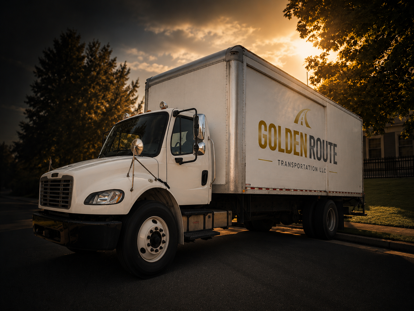 White Golden Route Transportation LLC box truck parked on a residential street at golden hour, with the company logo displayed on the side panel.