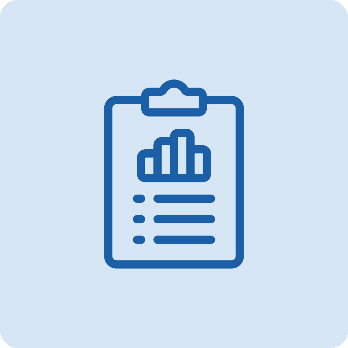 Icon of a clipboard with a bar graph and bullet points