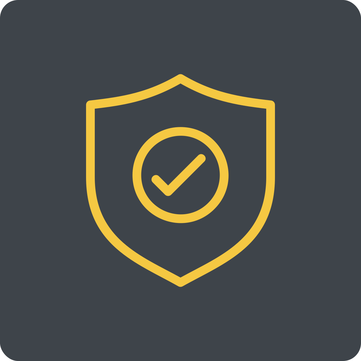 Outline of a shield with a checkmark inside in yellow on a dark gray background.