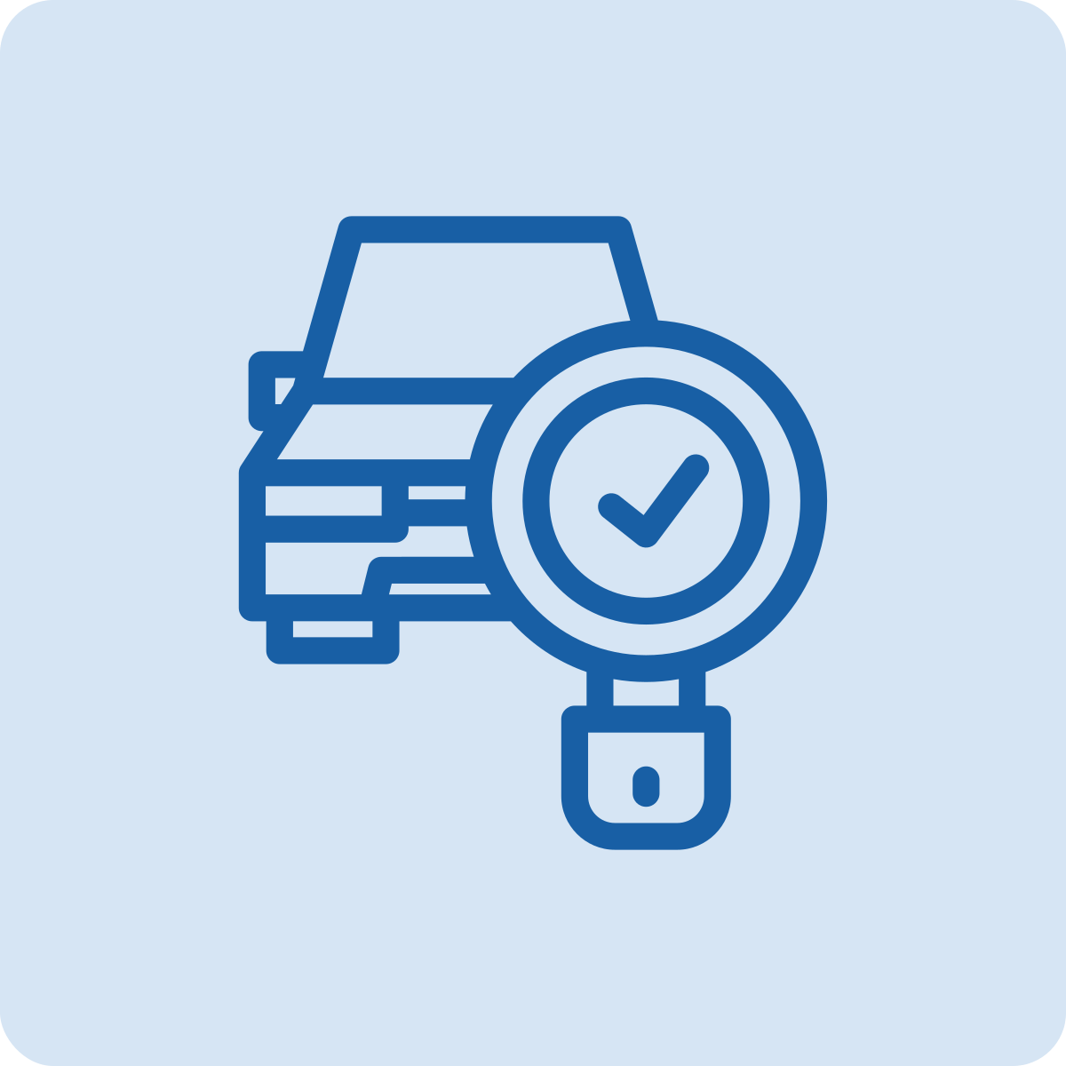 Icon of a car with a check mark in a magnifying glass in front of it.