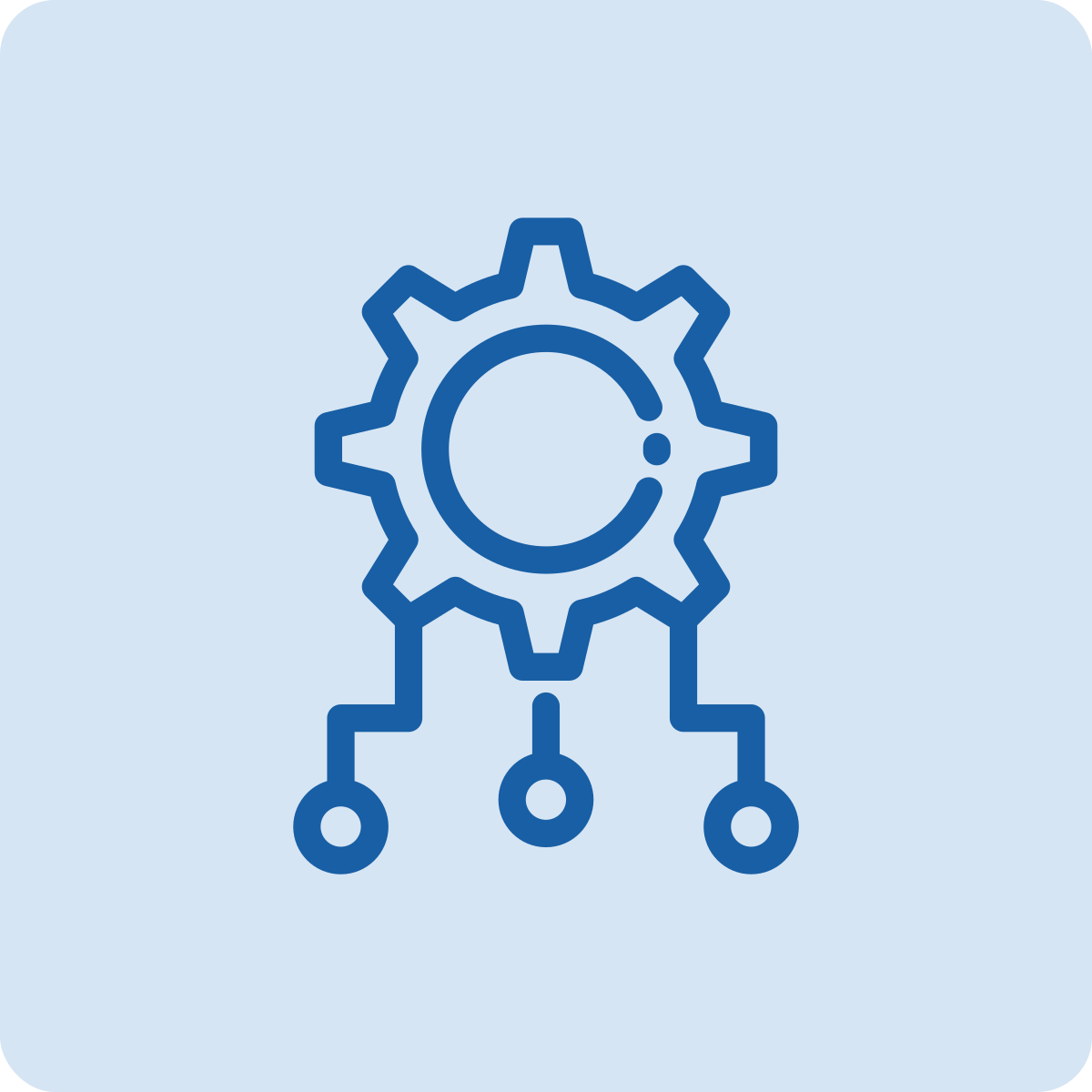 Icon of a gear with connections extending downward, symbolizing technology or mechanical process.