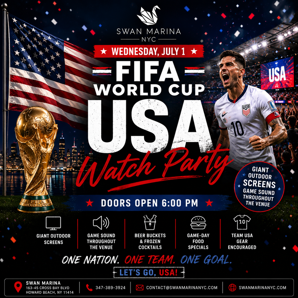 Event poster for a FIFA World Cup watch party at Swan Marina NYC on Wednesday, July 1. The poster features an American flag, a soccer player in a USA jersey, the World Cup trophy, and details about the event including doors opening at 6:00 PM, giant outdoor screens, game sound, food specials, and drinks.