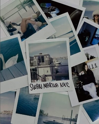 Collection of scattered Polaroid photos showing a woman relaxing, a boat docked at a marina, a woman wearing sunglasses, and water scenes, with one photo labeled 'SWAN MARINA NYC'.
