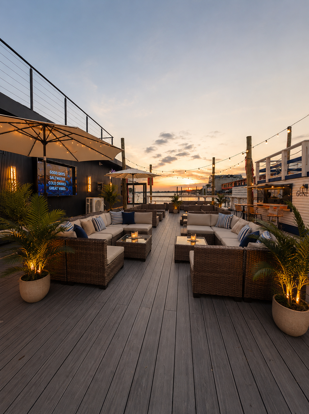 An outdoor rooftop lounge area with wicker sofas and pillows, potted plants, string lights, umbrellas, and a view of a river during sunset.