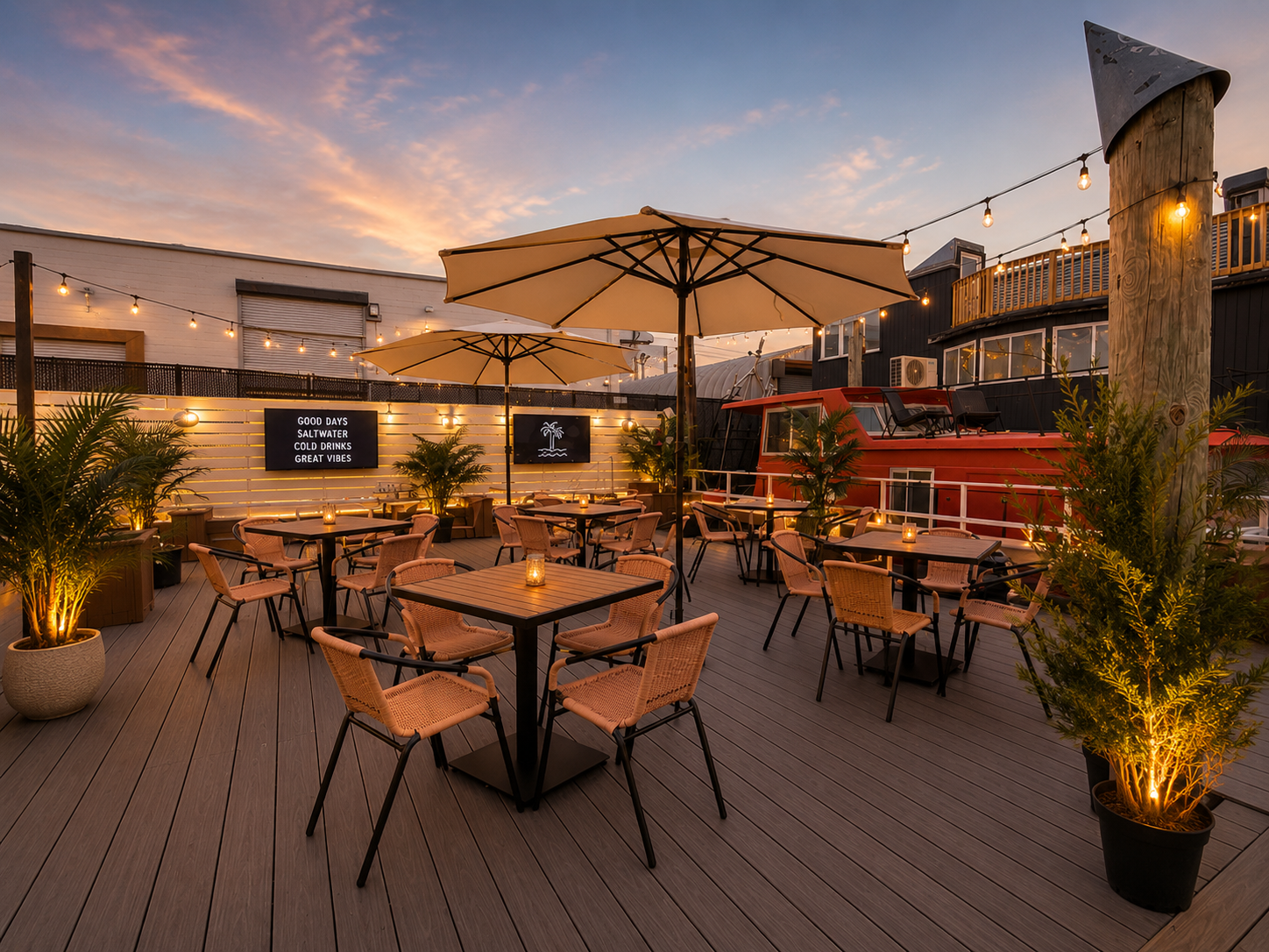 Outdoor rooftop bar with tables, chairs, large umbrellas, potted plants, string lights, and a sunset sky.