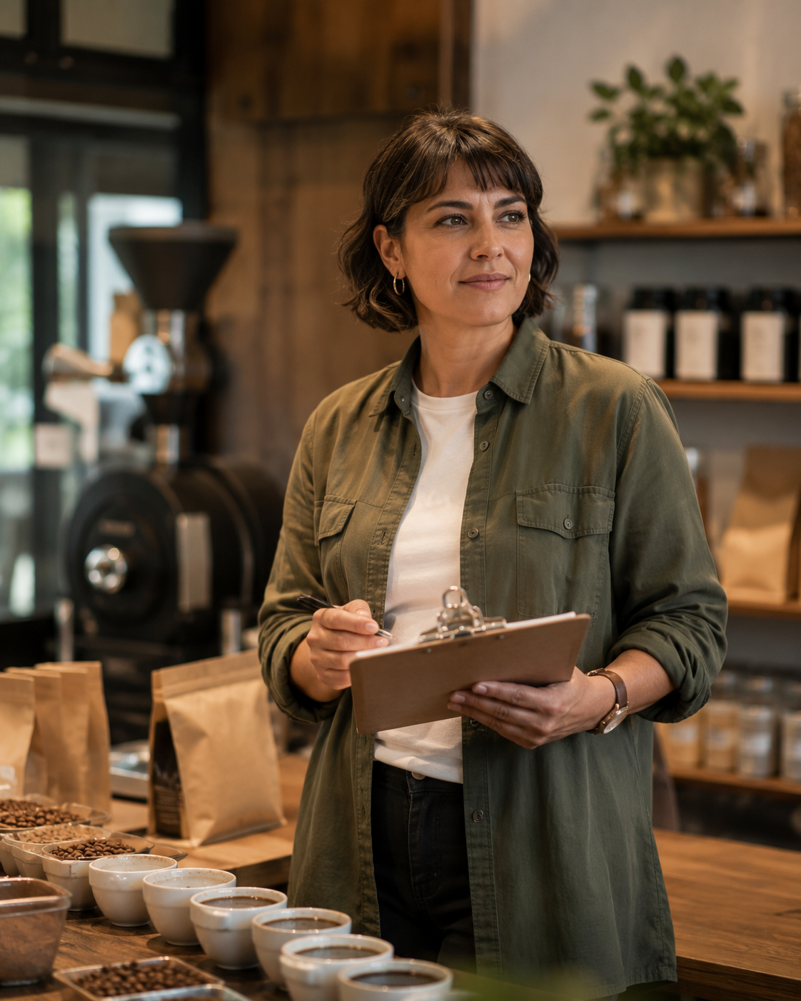 A woman with short brown hair, wearing a green shirt and white t-shirt, holding a clipboard and pen inside a coffee shop or bakery with bags of coffee beans and cups of brewed coffee on the counter.