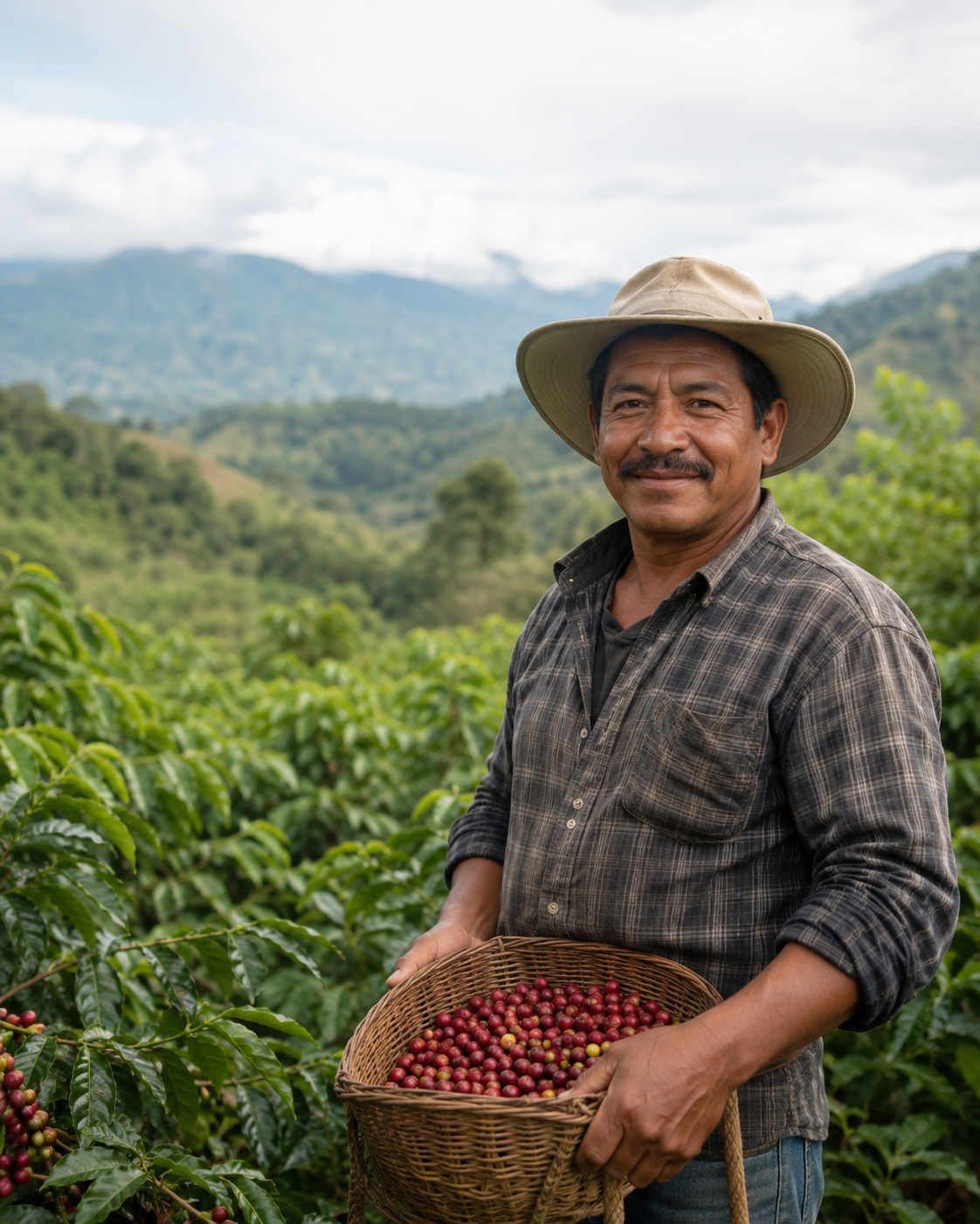 A farmer standing in a coffee plantation holding a basket of ripe coffee cherries with green plants and mountains in the background.