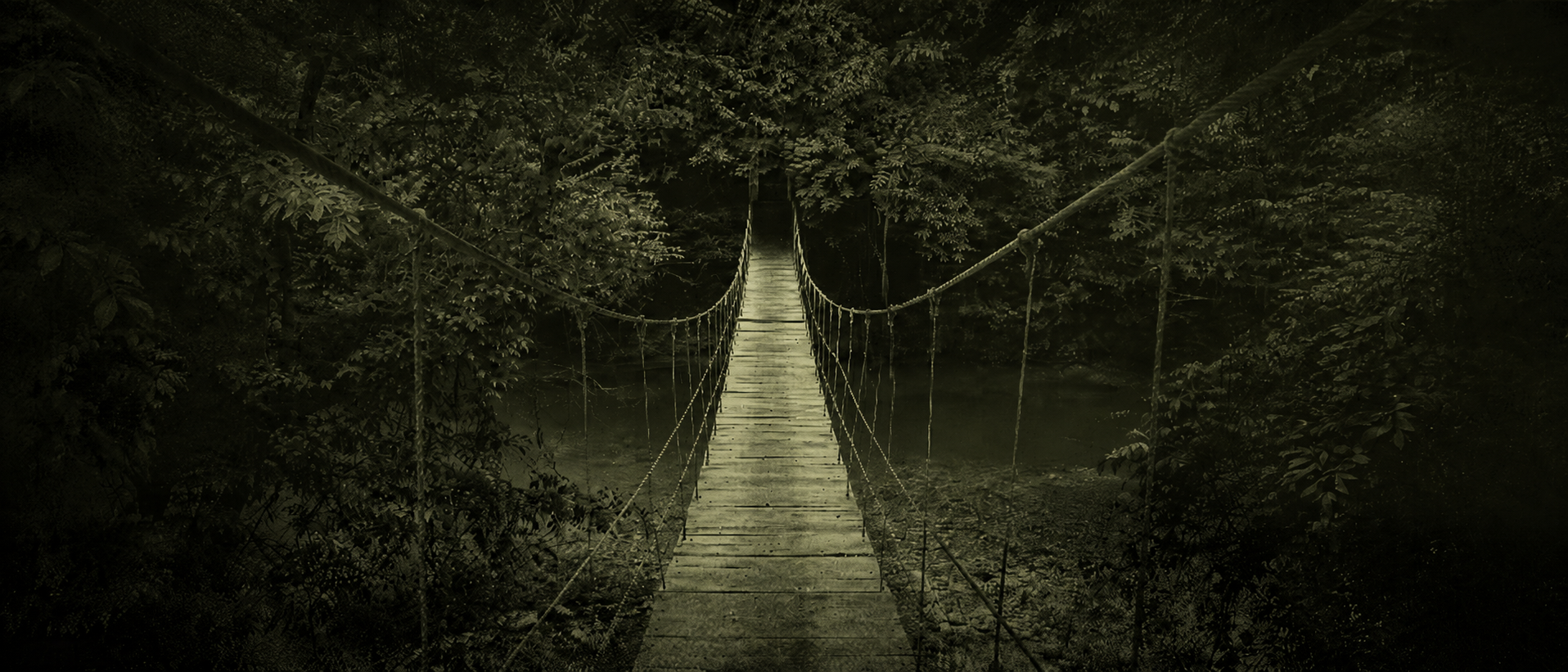 A narrow wooden suspension bridge extending through a dense, dark forest.