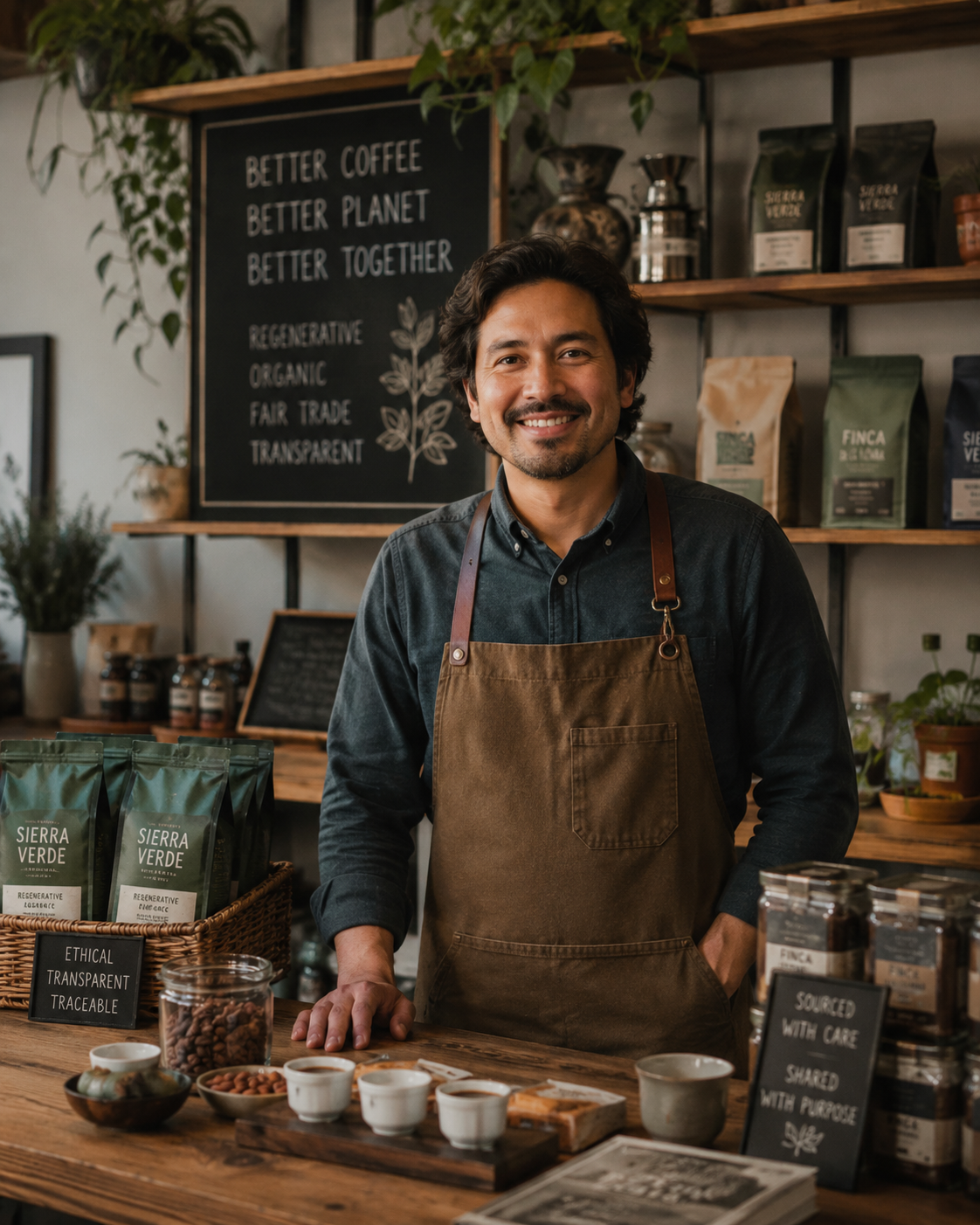 A smiling man in a dark shirt and brown apron standing behind a table with coffee samples in small cups and jars at a coffee shop. There are shelves with coffee bags and a blackboard in the background.