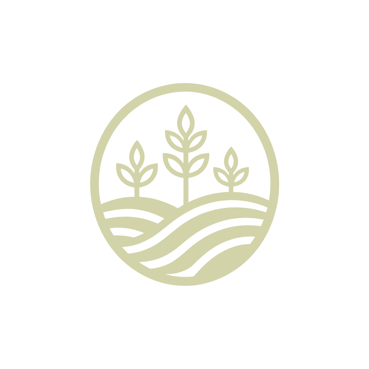 Minimalist graphic of three plants growing from a landscape with waves, enclosed in an oval shape, representing agriculture or sustainability.