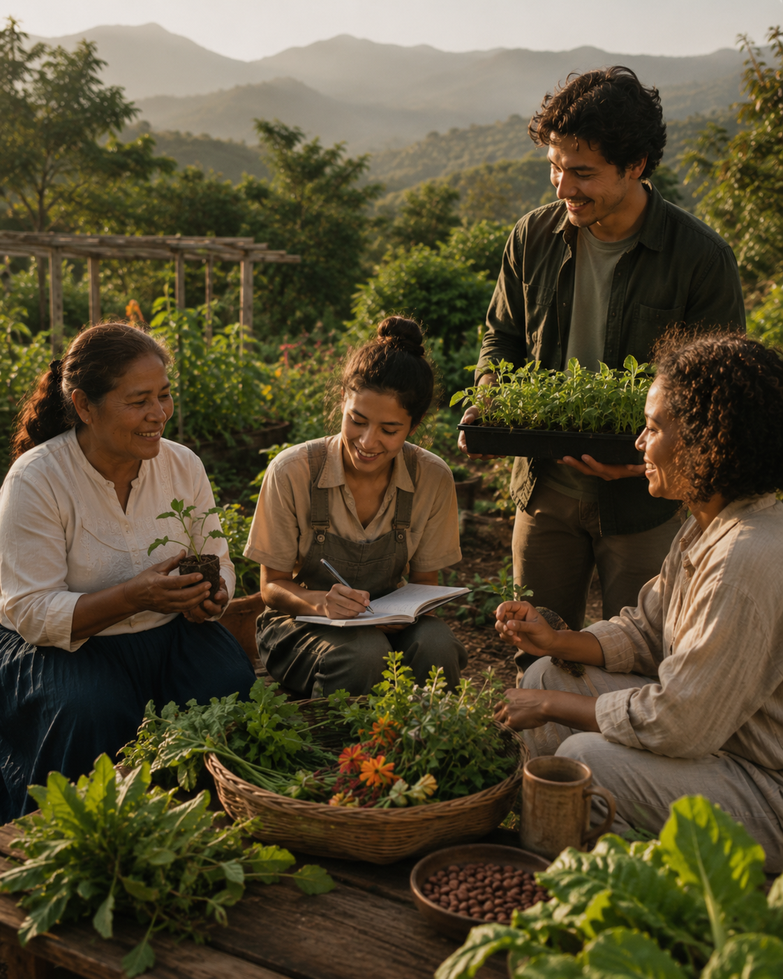 A diverse group of people gardening outdoors in a lush setting, with mountains in the background. They are smiling, holding plants, taking notes, and working with gardening supplies on a table.