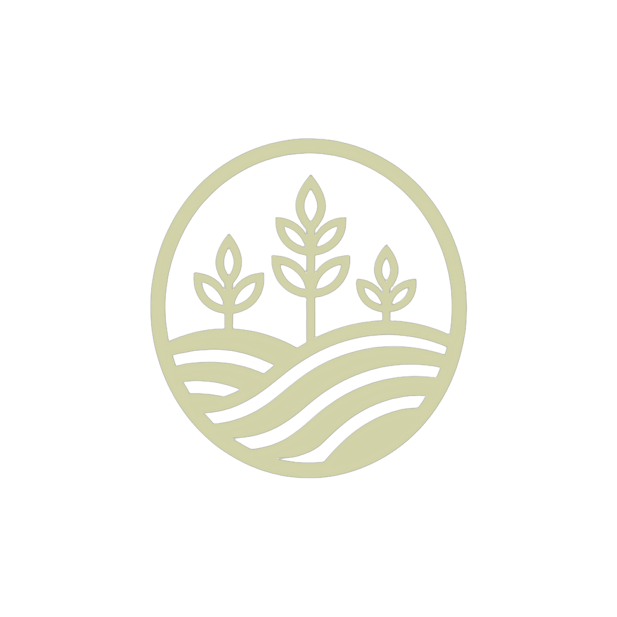 Simple line drawing of a farm scene with three plants and rolling hills inside an oval shape.