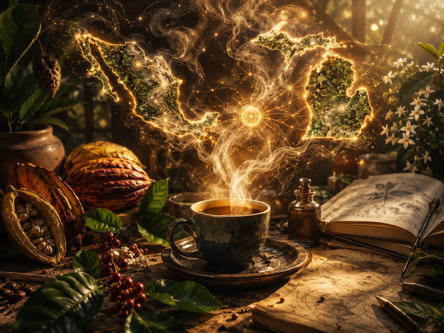 A table with a steaming cup of tea, surrounded by cacao pods, coffee beans, leaves, a journal, and drawing tools. Above, a glowing, magical map of the world appears, with continents connected by glowing lines and a radiant center.