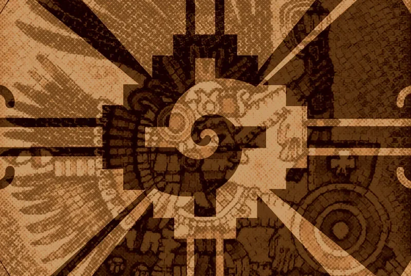 Abstract digital artwork with a clock face, gears, and a spiral pattern in a sepia tone.