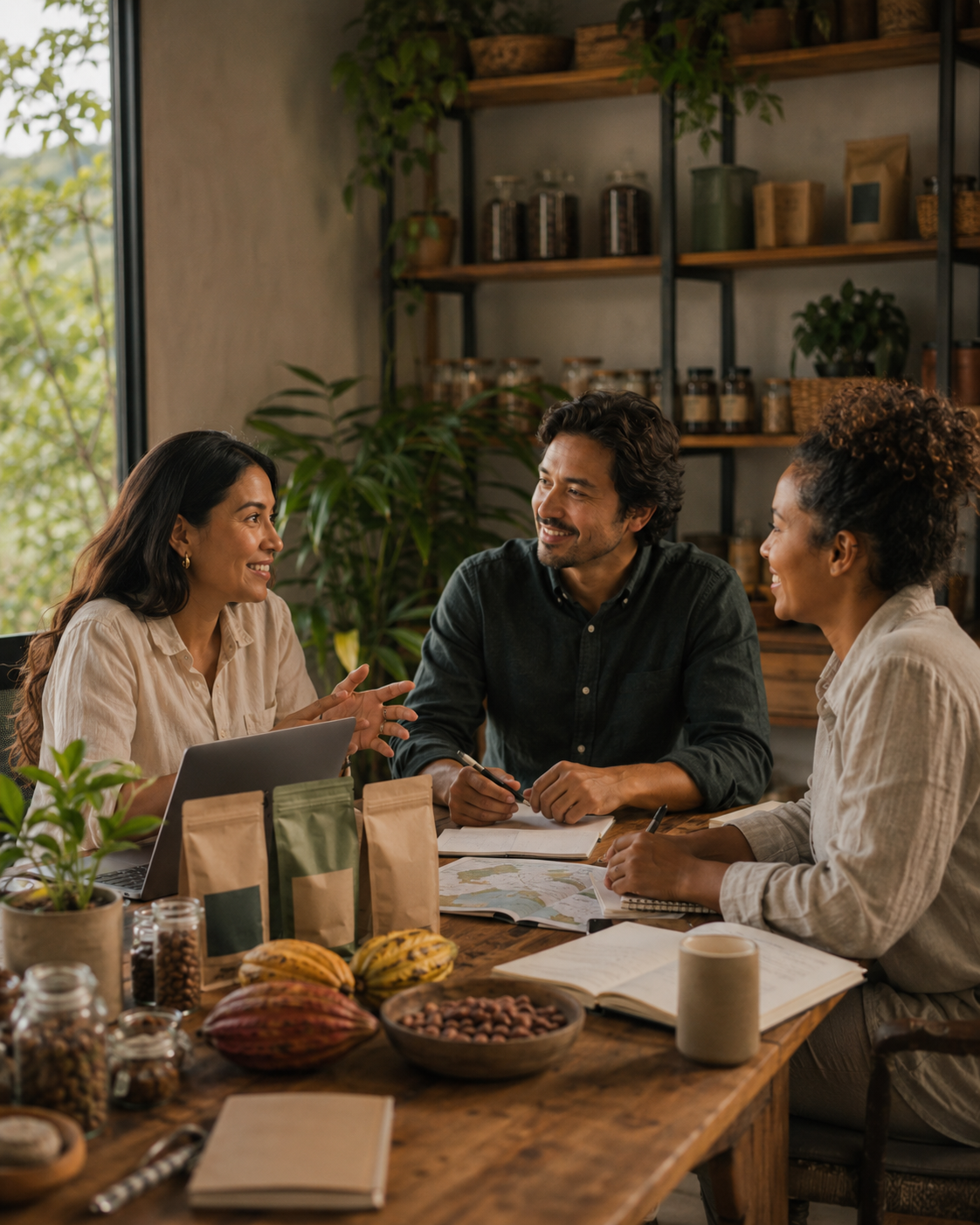 Three people having a discussion at a table in a room with natural light, surrounded by plants and shelves with jars and containers.