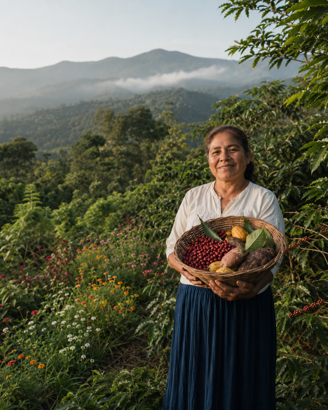 A woman standing in a lush green farm or garden holding a basket filled with coffee cherries, yams, and plants, with mountains in the background and flowers in the foreground.