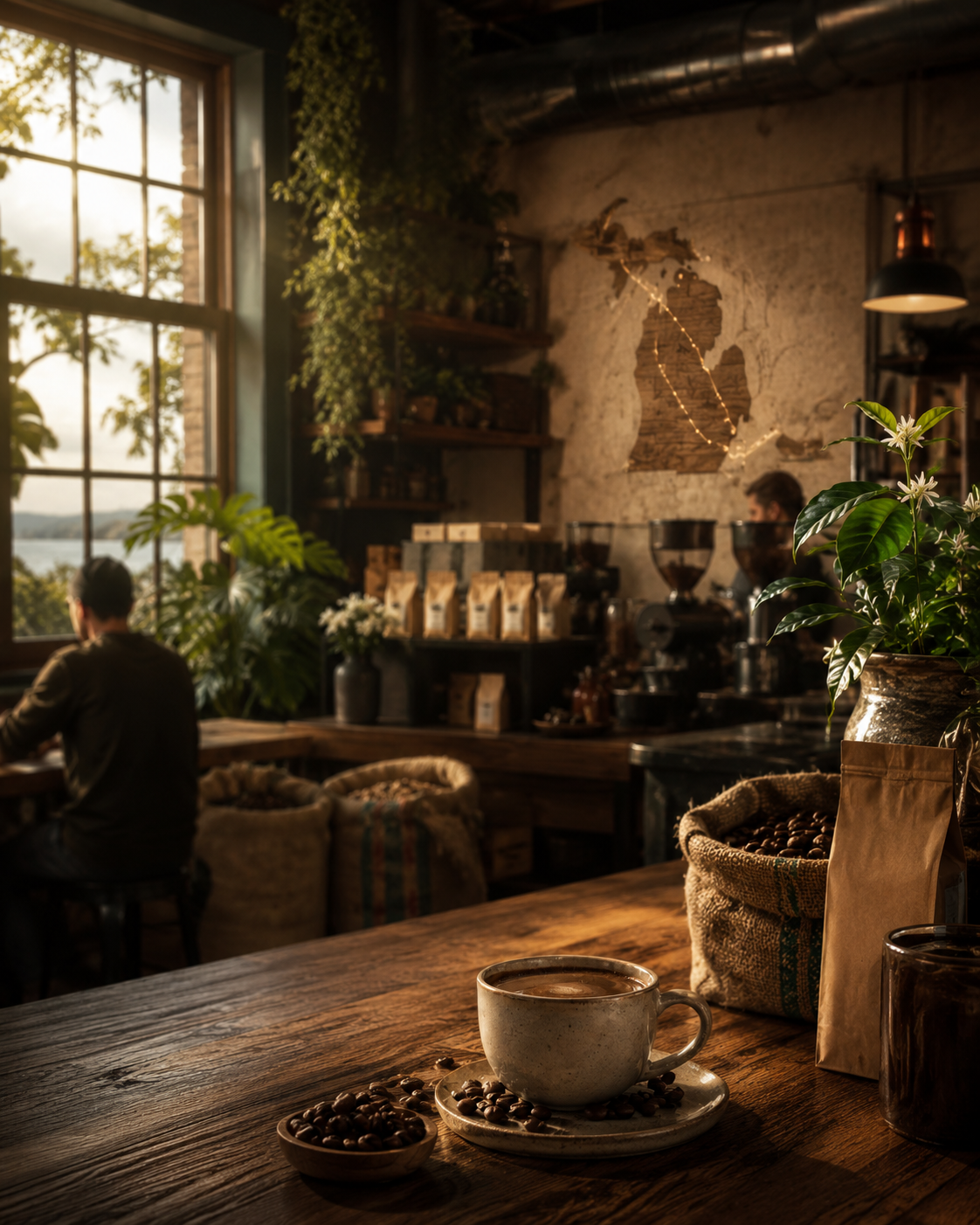 A cozy coffee shop with sunlight streaming through large windows, potted plants, coffee beans, and a cup of coffee on a wooden table.