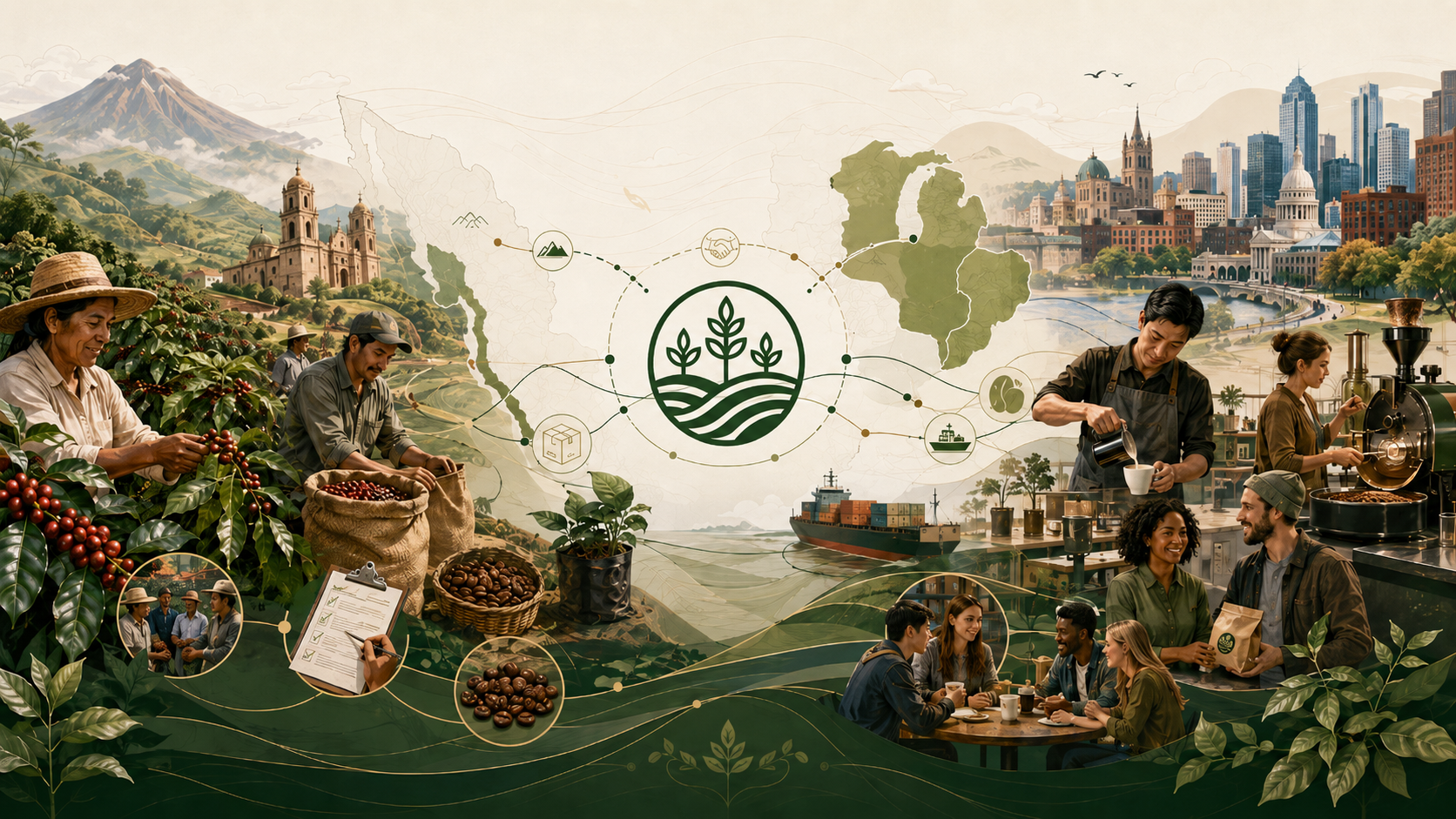 An illustration of a coffee supply chain featuring coffee farmers, processing, and brewing, with a city skyline in the background, a cargo ship, and a map of the U.S., with an eco-friendly farm logo in the center.