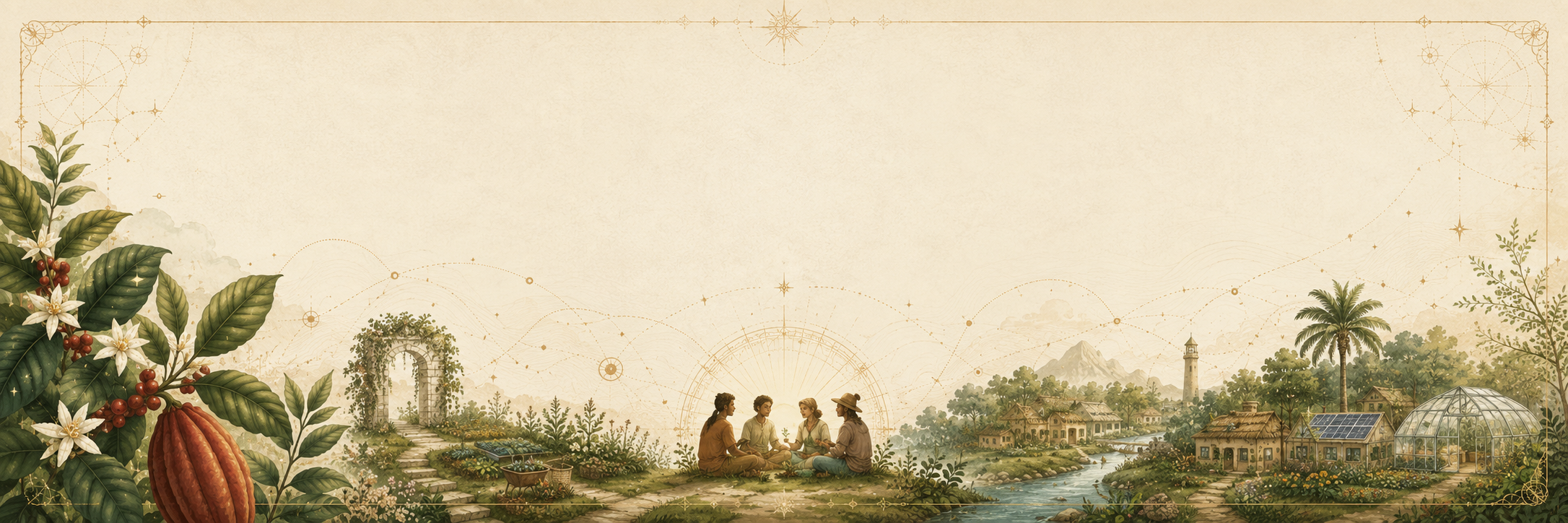 Illustration of a peaceful, fantasy rural landscape with people sitting on a stone path, surrounded by lush greenery, flowering plants, a small stream, and a quaint village with a lighthouse, trees, and greenhouses, set against a light, celestial background with celestial constellations.