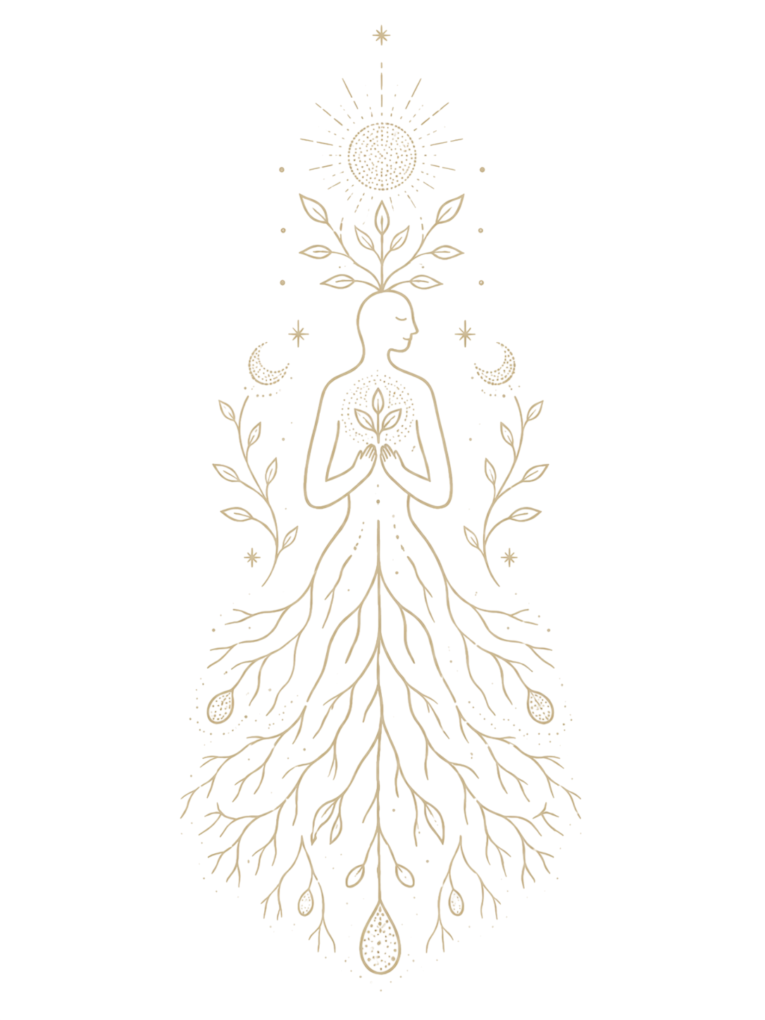 Line drawing of a woman with nature elements, including leaves, branches, and roots growing from her head and body, with celestial symbols like moons and stars, all set against a black background.