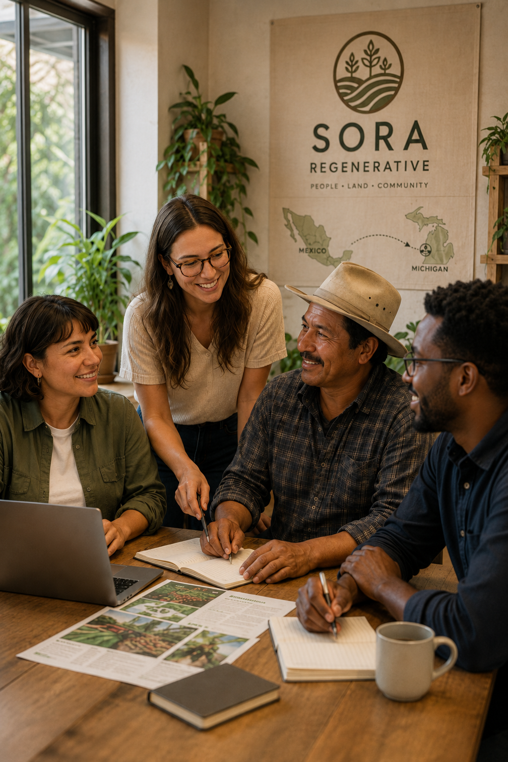 A diverse group of four people gathered around a table, smiling and engaging in a discussion. One woman is standing and pointing at a notebook, while others are seated with notebooks and a laptop. Behind them is a SORA Regenerative banner with a map and plants.