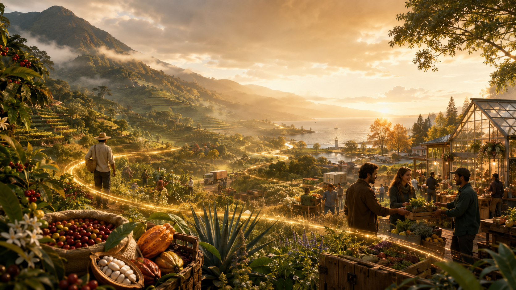 A vibrant farmer's market in a scenic hillside overlooking a bay, with a greenhouse, people buying and selling produce, and a mountain in the background at sunset.