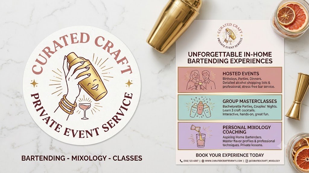 Flyer for Curated Craft Private Event Service advertising bartending, mixology, and classes with details on hosted events, group masterclasses, and personal mixology coaching, alongside a sign that features a hand holding a cocktail shaker and the company's logo.