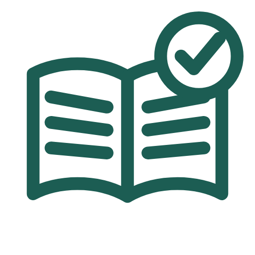An open book with a checkmark symbol in a circle above it.
