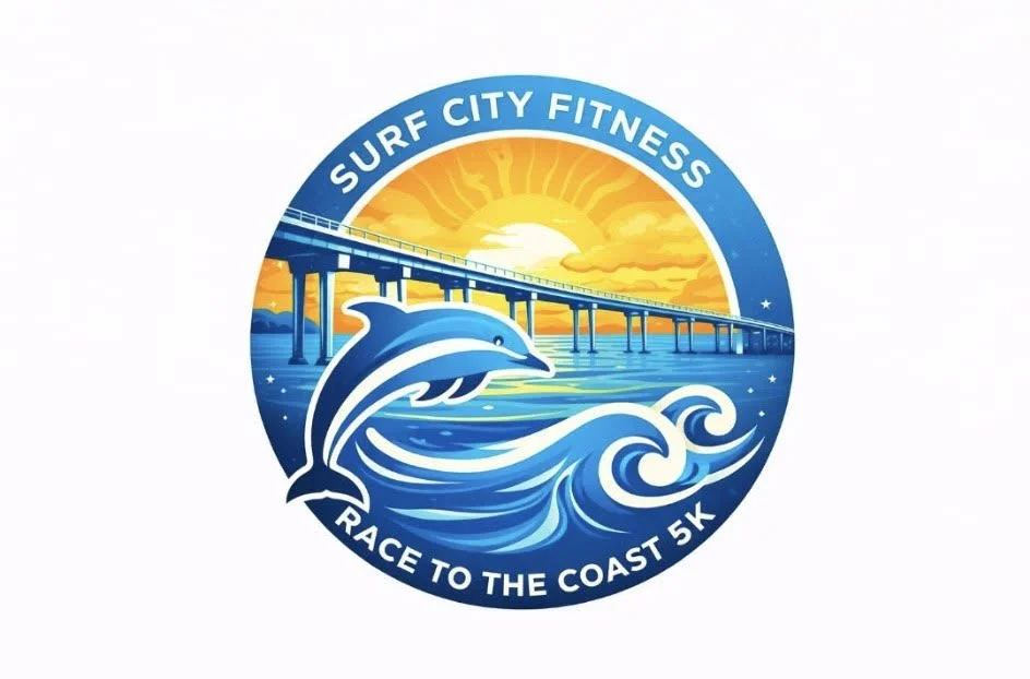 Logo for Surf City Fitness with a dolphin jumping over waves, a bridge, and a sunrise, featuring the text 'Race to the Coast 5K'