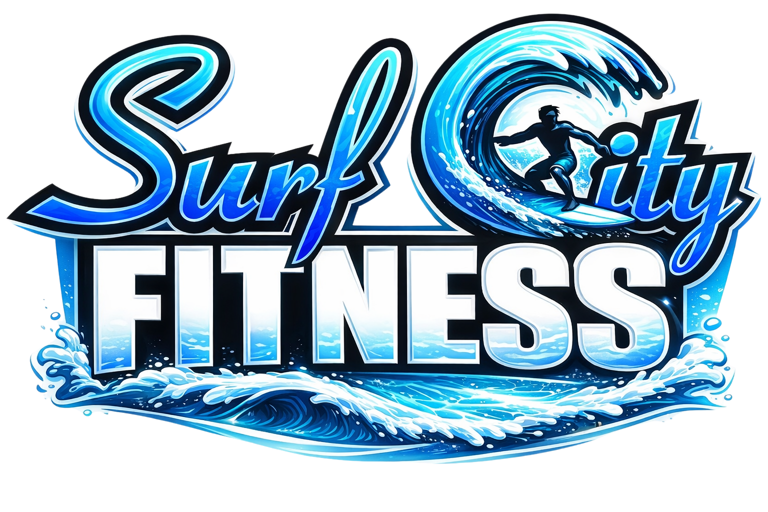 Logo for Surf City Fitness featuring a large water wave, a surfer silhouette, and stylized text in blue and white colors.