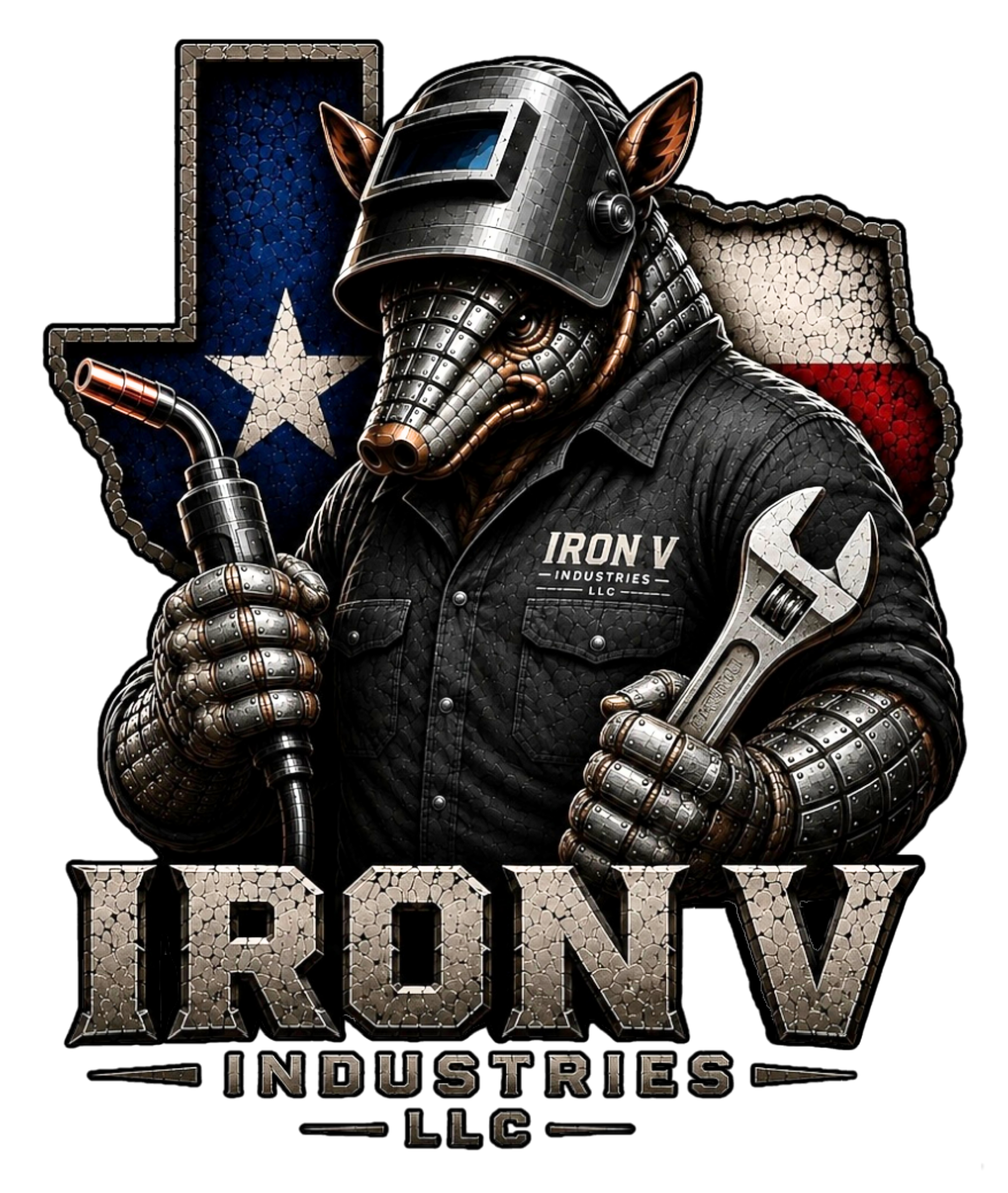 A stylized steel scaled Armadillo with a welding helmet, holding a welding torch, with Texas flag background, and text reading 'Iron V Industries LLC'.