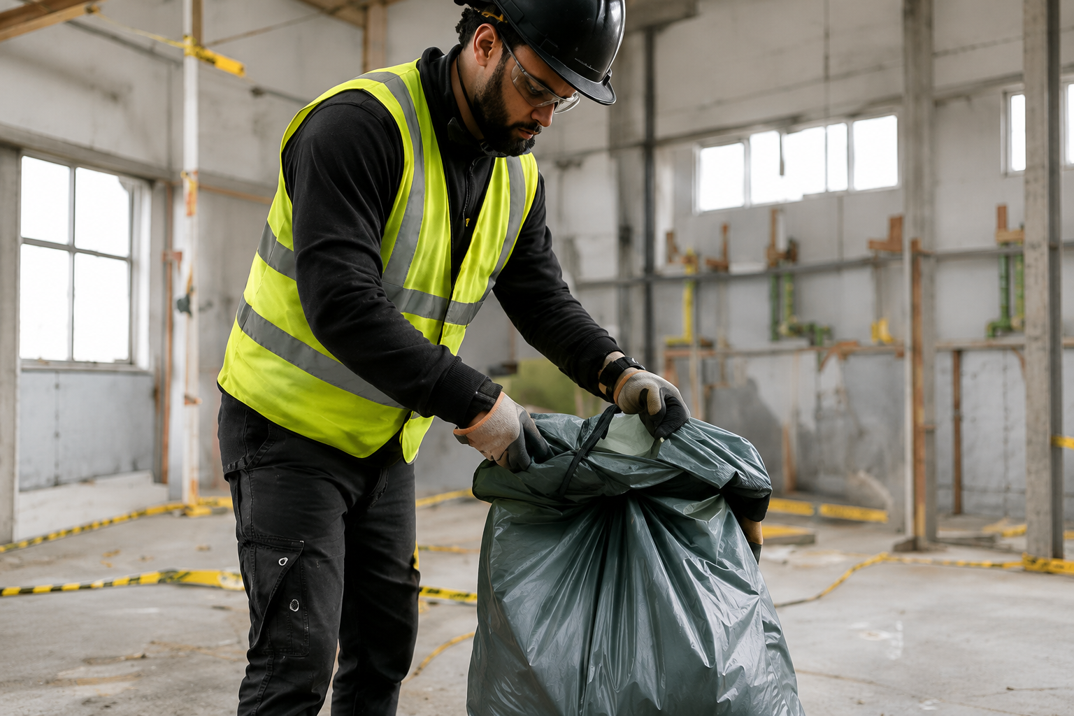 Man wearing a high visibility vest filling a dark green garbage bag