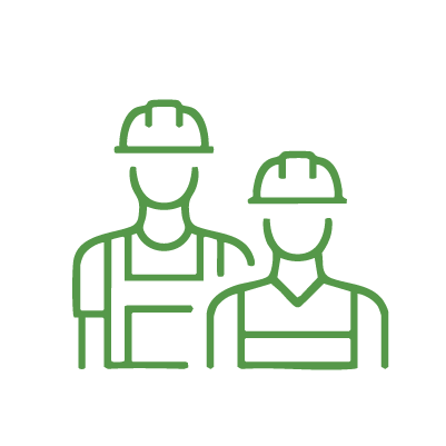 Line icon,  bright green featuring workers with safety vests and hard hats