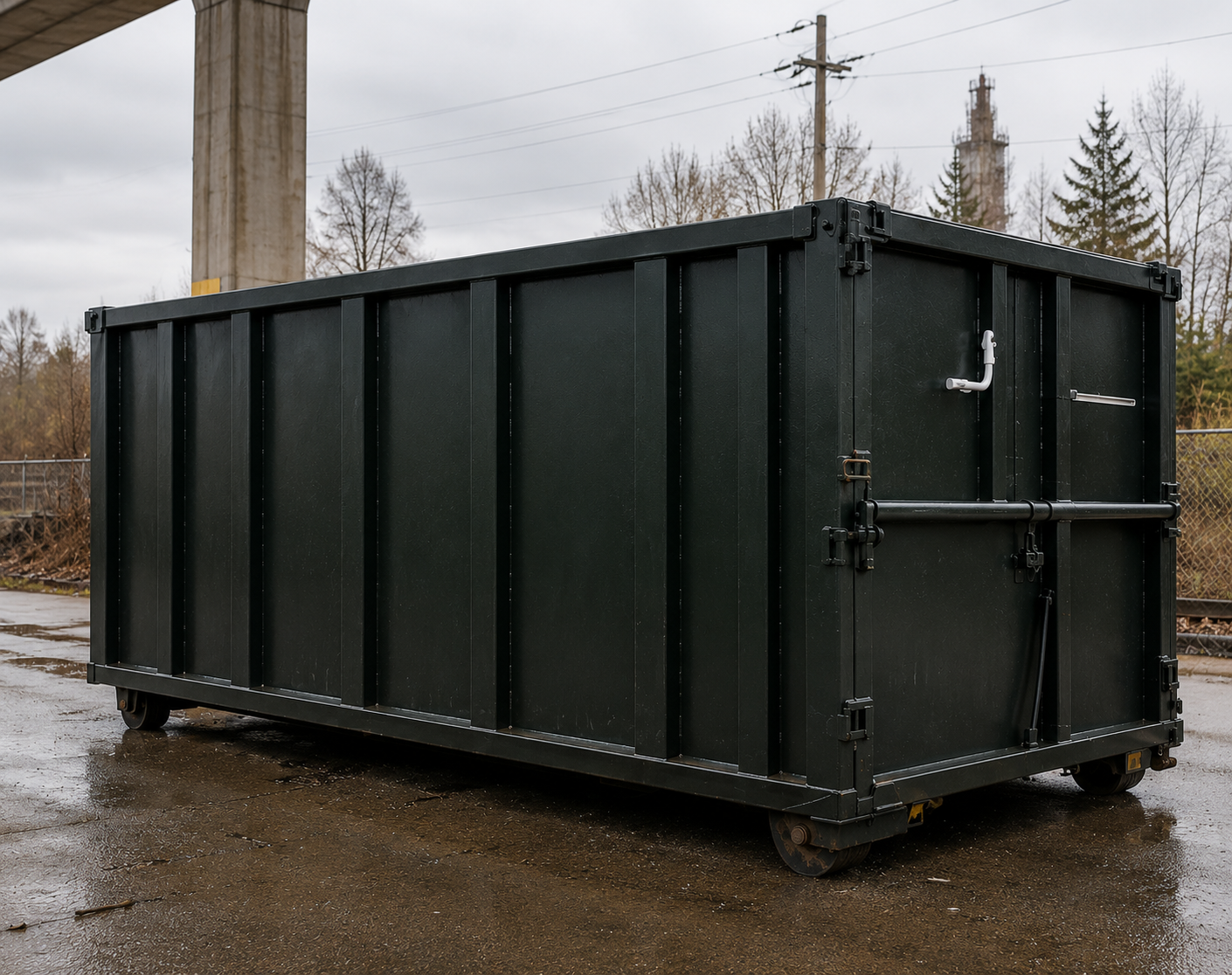 Dark green garbage disposal container in a parking lot.