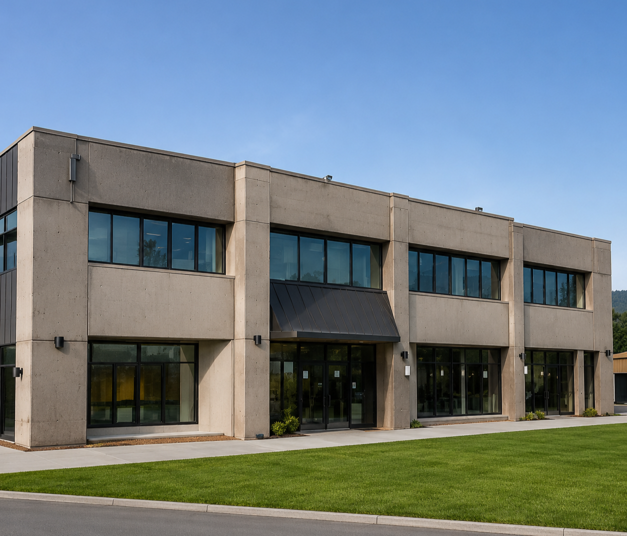 Outside of a building on a clear day, green grass.