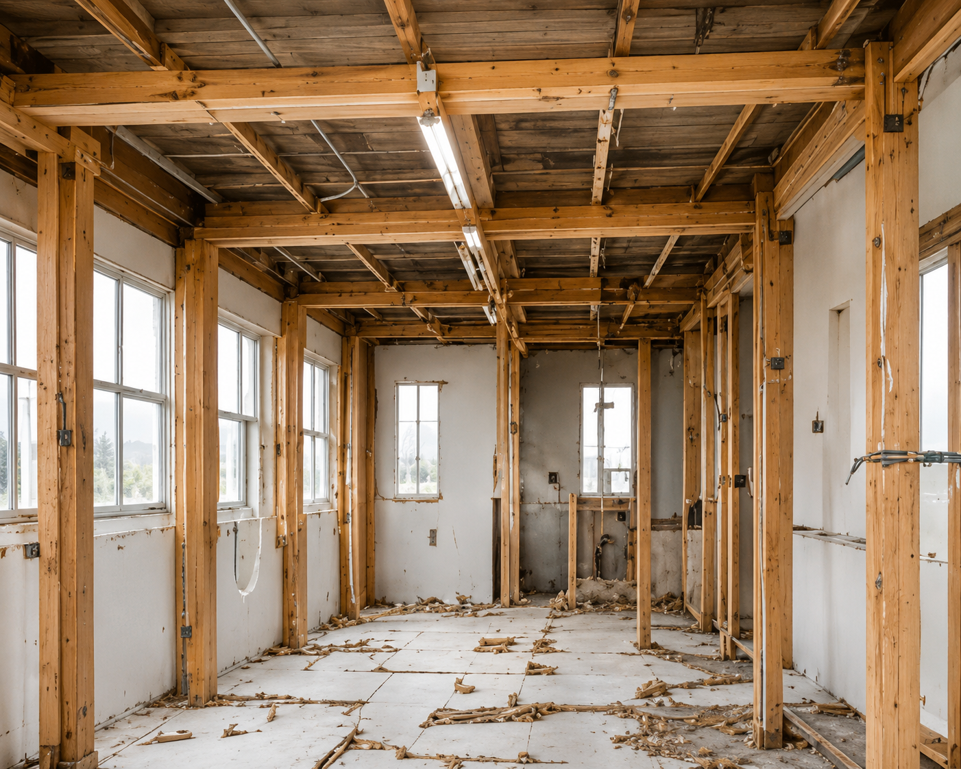 Interior demolition, exposed beans and dry wall