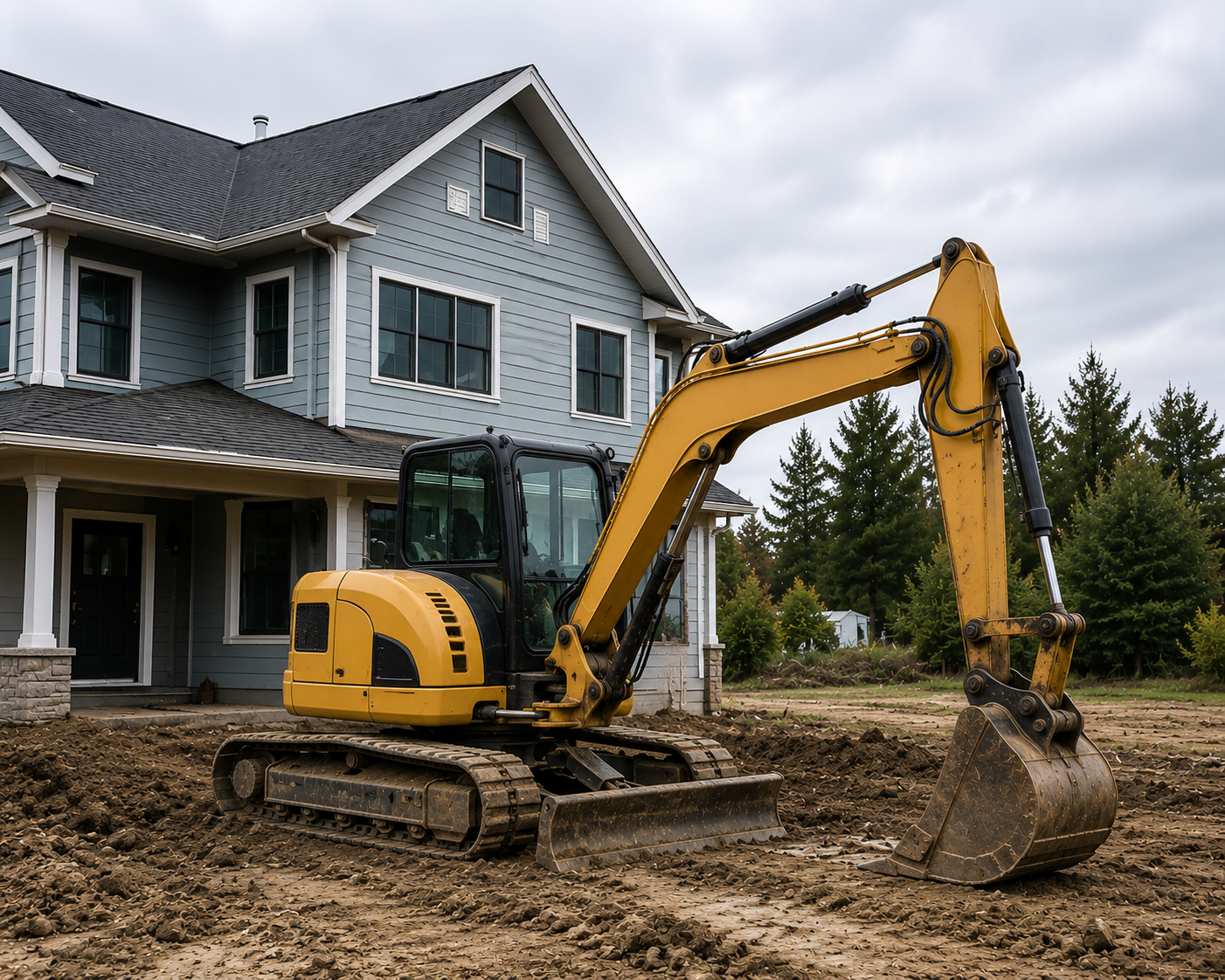 Excavator clearing the front yard of a house