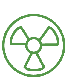 Green radioactive warning symbol with a circle and three blades inside.