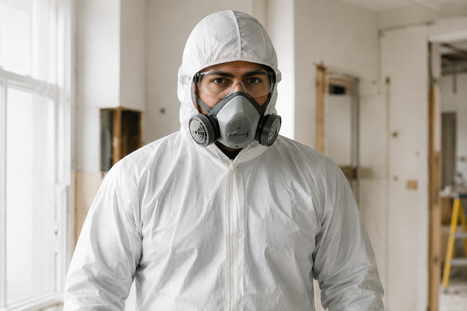 Man wearing a hazmat suit, mask and protective glasses inside a construction zone.
