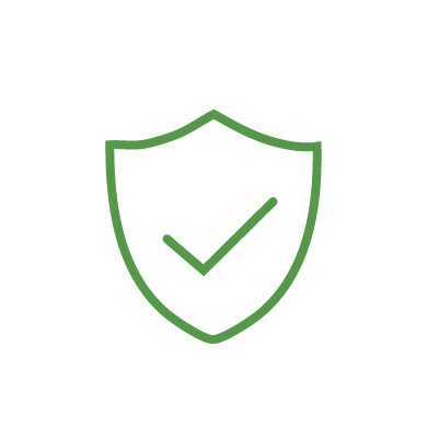 Line icon, bright green featuring a shield with a checkmark inside