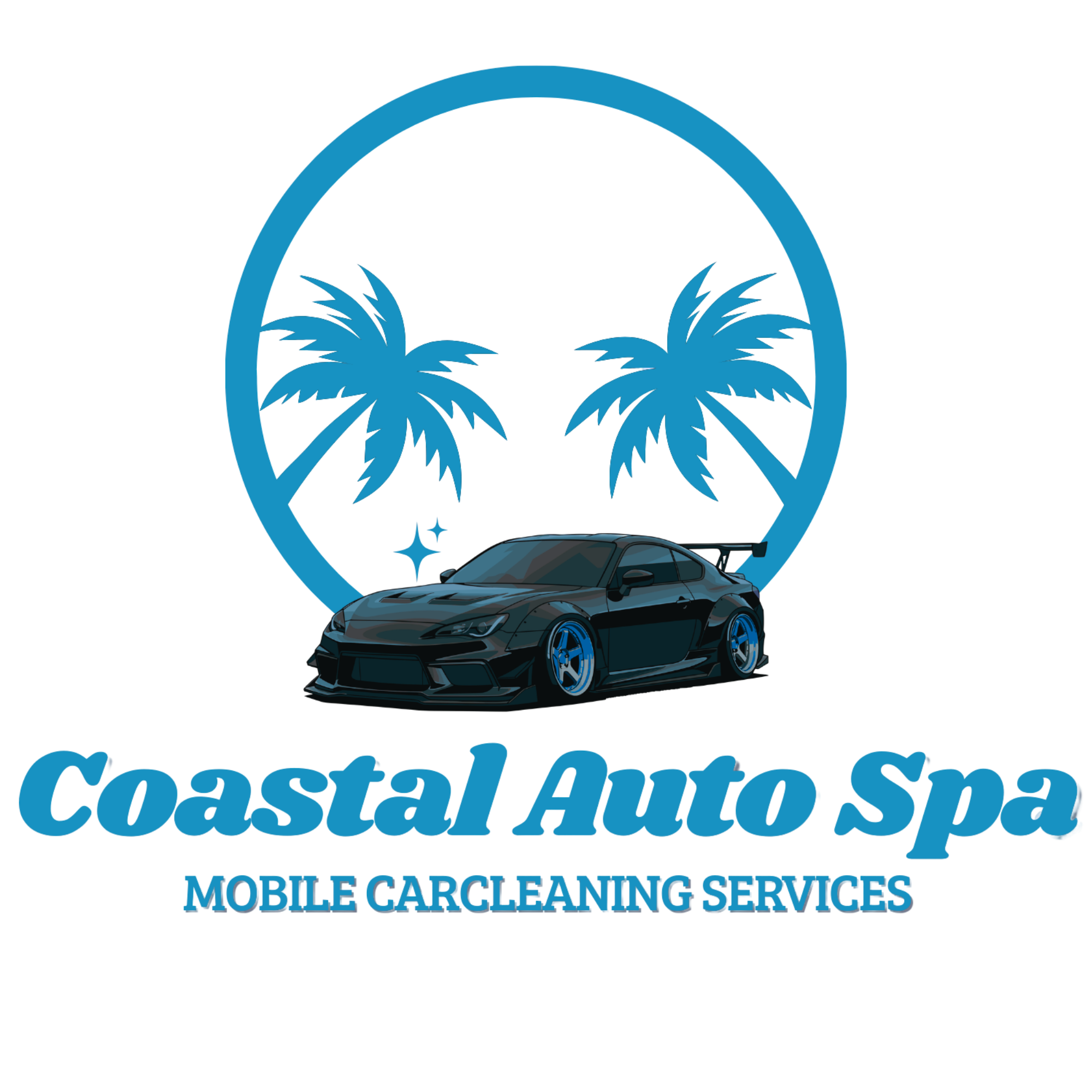 Logo for a mobile car cleaning and services business, featuring a stylized image of a black sports car, palm trees, and text reading 'Casual Car' and 'MOBILE CAR CLEANING SERVICES'. A circular emblem surrounds the graphic elements.