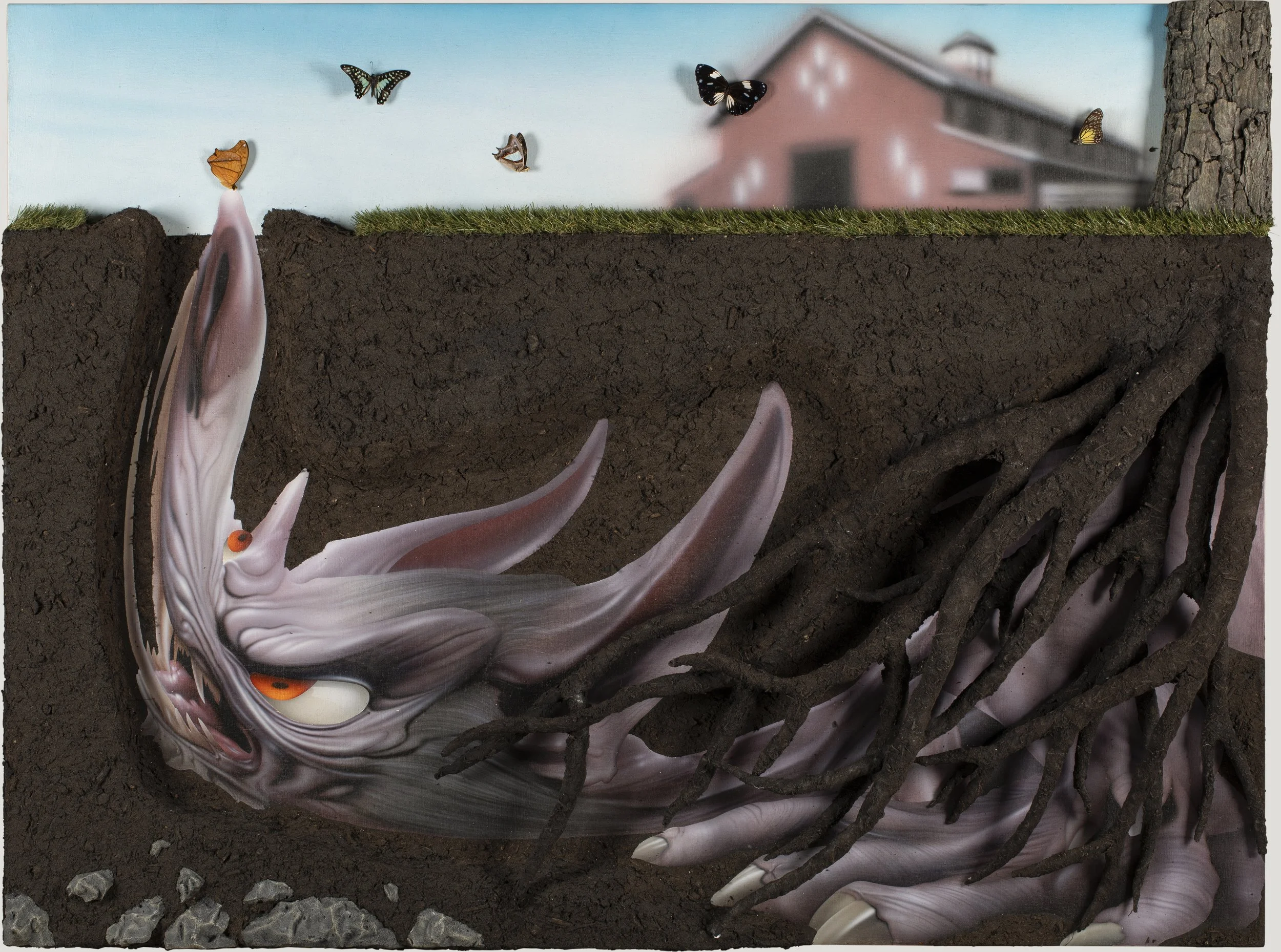 “But What Would the Neighbours Think if I Stopped Mowing the Lawn?”, 2024, acrylic, tree bark, mud, polystyrene foam board, expandable foam, epoxy, artificial turf, grout, taxidermy butterflies, aluminium foil, and aluminium wire on linen canvas, 120