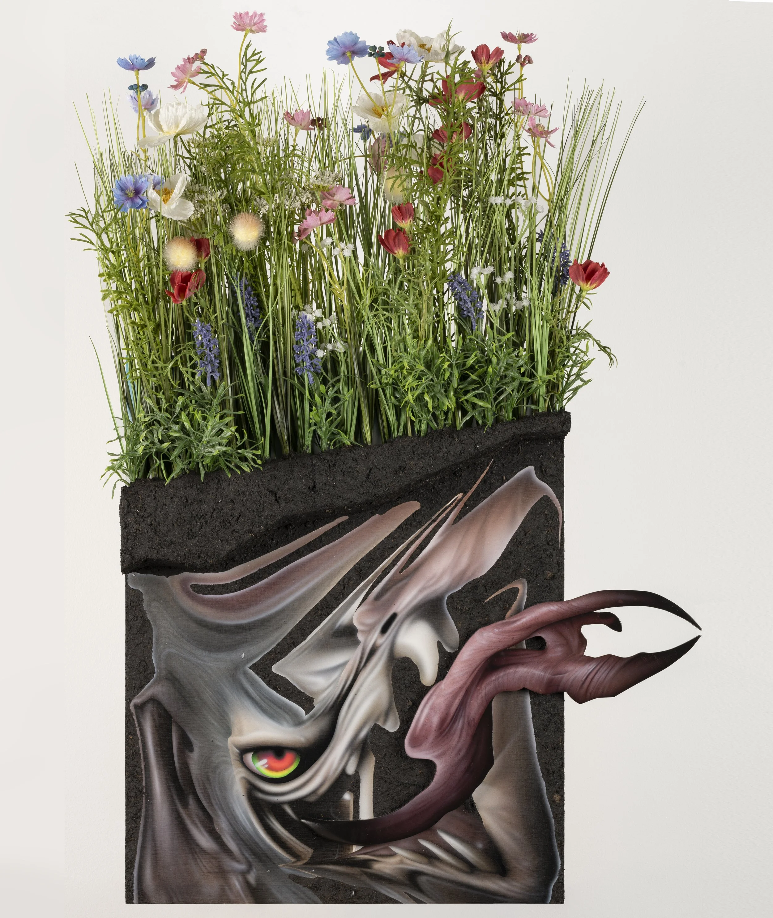 “Daffodils Have Alkaloids Which Are Poisonous to Rodents”, acrylic, mud, polystyrene foam board, epoxy, artificial turf, artificial flowers, artificial tall grass, roots, and sand on wooden panel, Dimensions variable