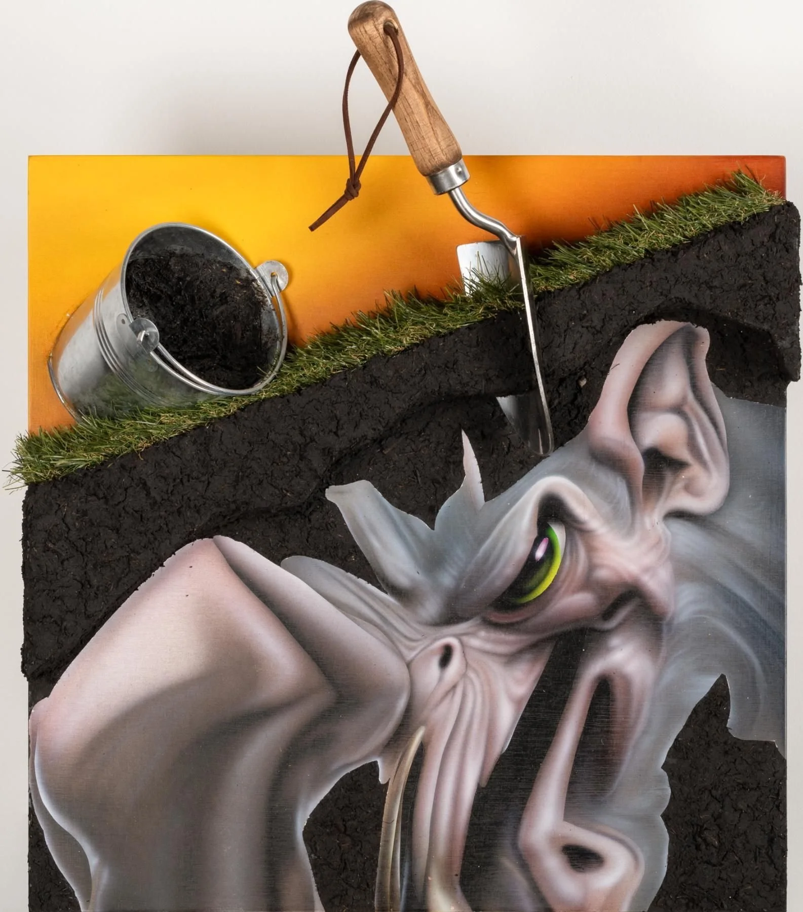 "Cranked Shaft To Protect Knuckles During Work", 2024, acrylic, mud, polystyrene foam board, epoxy, artificial turf, grout, galvanised metal bucket, steel hand trowel on wooden panel, 50 x 40 x 13 cm, 19 3/4 x 15 3/4 x 5 1/8 in