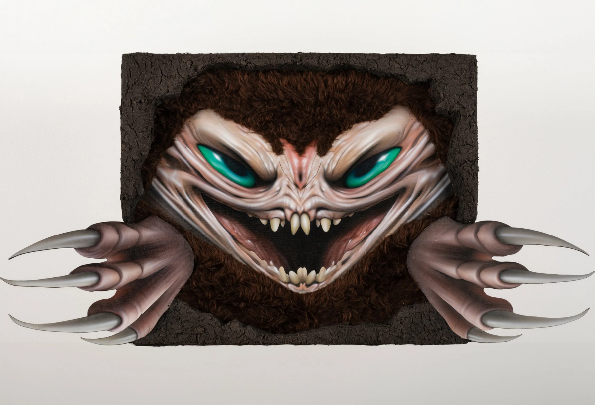 “There’s No One Way to Describe the Sound of a Rat in a Wall”, 2024, acrylic, mud, polystyrene foam board, epoxy, artificial fur, grout on wooden panel, 70 x 40 x 9 cm, 27.5 x 15.7 x 3.5 in