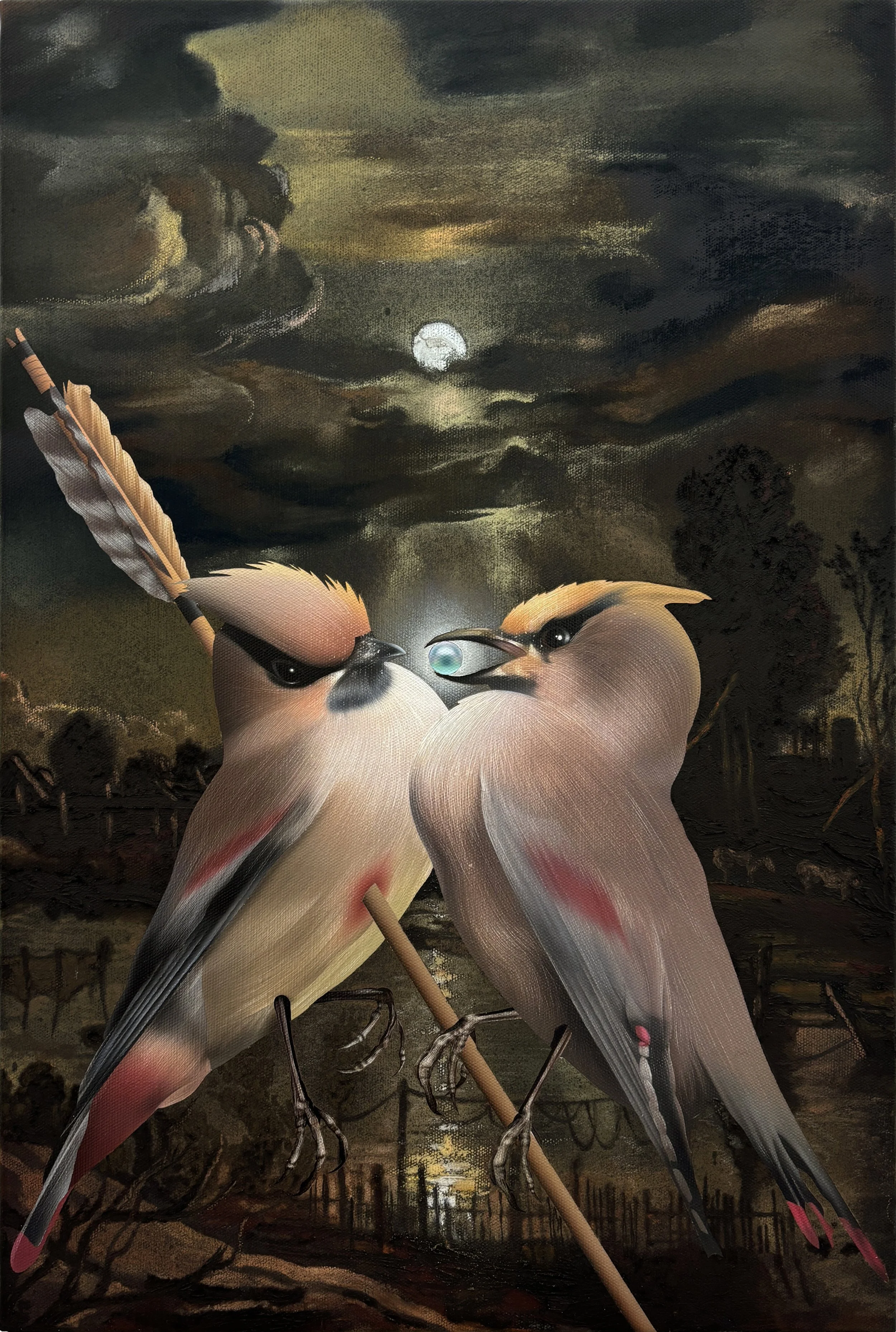 "A Poor Songster Brought to the Ground", 2024, acrylics, alkyd spray paint, oil pastels, and soft pastels on linen canvas, 60 x 40 cm, 23 5/8 × 15 3/4 in